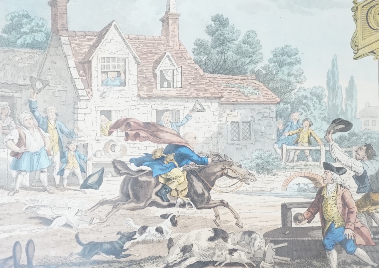 18th century English School, coloured engraving, 'Gilpins Ride', 28 x 38cm, maple framed. Condition - poor to fair